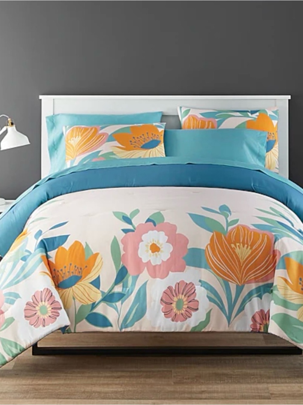 NEW Floral Teal and Orange Comforter Set - Vibrant Floral Bedding